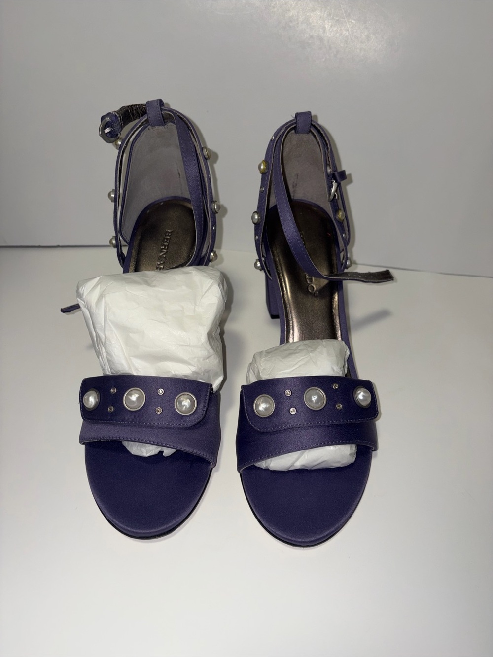 Bernardo Purple Pearl-Stud Block Heel Sandals